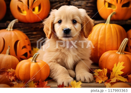 A cute puppy sits among a patch of pumpkins, its adorable face peering out amidst the vibrant orange hues. The playful scene evokes the charm of autumn, capturing the innocence and joy of the season A cute puppy sits among a patch of pumpkins, its adorable face peering out amidst the vibrant orange hues. The playful scene evokes the charm of autumn, capturing the innocence and joy of the season 117993363