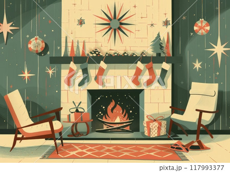 A retro Christmas card features a cozy 1960s-style fireplace scene adorned with stockings hung with care and mid-century modern decorations, evoking a nostalgic holiday ambiance filled with warmth A retro Christmas card features a cozy 1960s-style fireplace scene adorned with stockings hung with care and mid-century modern decorations, evoking a nostalgic holiday ambiance filled with warmth 117993377