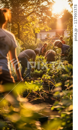 In a joint initiative, neighbors come together to create a community garden, through shared labor and passion for gardening, they transform a space into a thriving hub of greenery , do it together In a joint initiative, neighbors come together to create a community garden, through shared labor and passion for gardening, they transform a space into a thriving hub of greenery , do it together 117993378