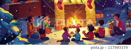 Around the fireplace, children and adults exchange gifts and sing Christmas carols, enjoying the festive atmosphere and creating joyful holiday memories together, banner Around the fireplace, children and adults exchange gifts and sing Christmas carols, enjoying the festive atmosphere and creating joyful holiday memories together, banner 117993379