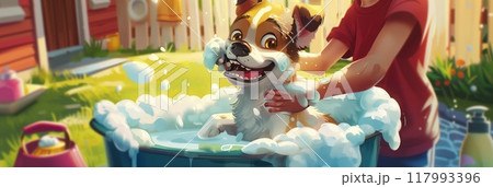 In a serene backyard setting, someone gently cleanses their joyful dog amidst bubbles and lather, showcasing the bond and joy of canine companionship, banner In a serene backyard setting, someone gently cleanses their joyful dog amidst bubbles and lather, showcasing the bond and joy of canine companionship, banner 117993396