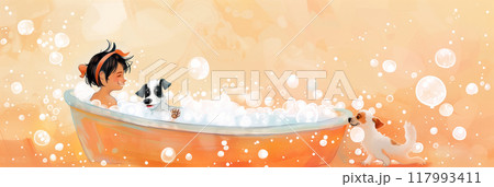 The overflowing bathtub filled with suds and bubbles captures the cheerful and loving interaction between a child and their dog, showcasing the innocent joy and fun of bath time play at home, banner 117993411