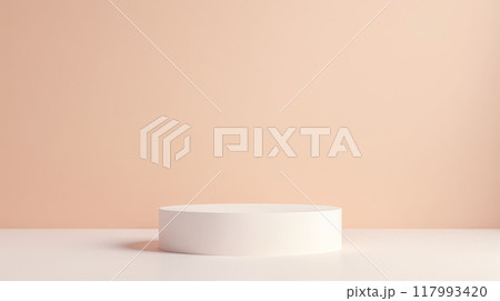 Minimalist white display podium for products on peach background, showcasing merchandise in advertising, clean and modern design for commercial use 117993420