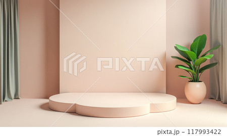 Empty Product podium. Minimalist interior with round pedestal, green plant, pastel curtains backdrop, soft colors, modern product display platform 117993422