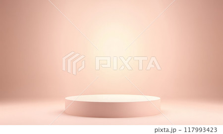 Product podium presentation, pink cylindrical pedestal center stage, pink backdrop, merchandise, promotional materials, advertising space, marketing presentation, showcase platform 117993423