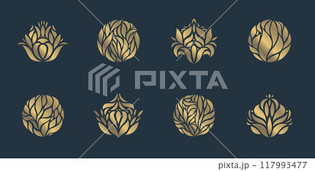 Vector set of floral leaf golden logos, circle plant emblems, round beauty, bio, therapy organic badges. Lotus, tulip shapes, prints. 117993477
