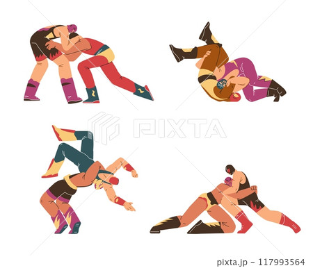 A set of vector icons depicting wrestlers in a duel, demonstrating the techniques of freestyle and Greco-Roman wrestling. A set of vector icons depicting wrestlers in a duel, demonstrating the techniques of freestyle and Greco-Roman wrestling. 117993564