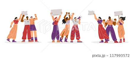 A collection of vector illustrations with young activists holding an empty banner, removing handcuffs and holding a loudspeaker 117993572