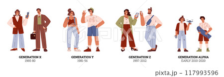 People generations vector set, cartoon human characters representing X, Y millennials, Z and alpha social development 117993596
