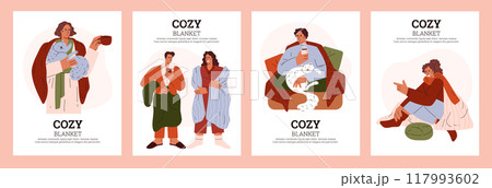 Collection of advertising posters with people in blankets. 117993602