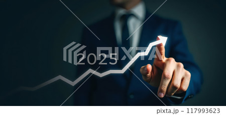 Economic Growth Projection for 2025, Business Person Indicating Upward Trend, Financial Success Forecast, Market Improvement Prediction, Investment Opportunity Illustration Economic Growth Projection for 2025, Business Person Indicating Upward Trend, Financial Success Forecast, Market Improvement Prediction, Investment Opportunity Illustration 117993623