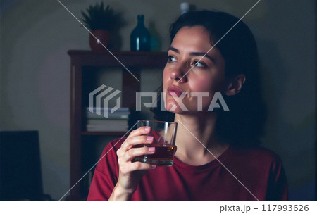 female alcoholism. young woman drinking alcohol alone, female addiction and mental health issues. loneliness, emotional pain, dependency, substance abuse and alcoholism 117993626