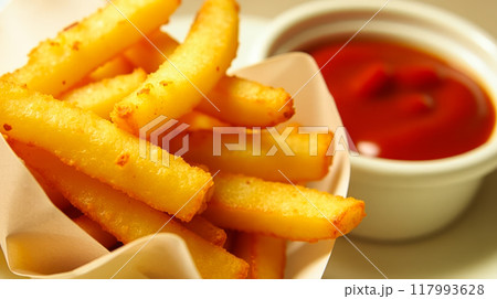 Golden Crispy French Fries Piled High with Ketchup Dip on Side, Detailed Texture Fast Food Snack, Unhealthy Eating Concept, Close-up Fried Potato Sticks Golden Crispy French Fries Piled High with Ketchup Dip on Side, Detailed Texture Fast Food Snack, Unhealthy Eating Concept, Close-up Fried Potato Sticks 117993628
