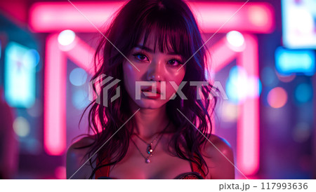 portrait of young woman stands out neon lit cyberpunk setting. futuristic fashion elements and vibrant urban backdrop. modern city nightlife in glowing ambiance portrait of young woman stands out neon lit cyberpunk setting. futuristic fashion elements and vibrant urban backdrop. modern city nightlife in glowing ambiance 117993636