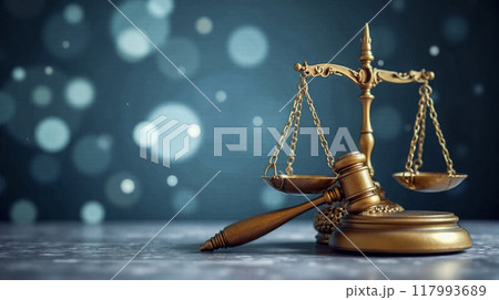 Professional Legal Services Advertisement Golden Scales of Justice Blue Bokeh Background Law Firm Representation Counsel Attorney Litigation Defense Rights Protection Advocacy 117993689