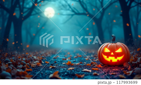 Spooky Halloween Pumpkin on Forest Path with Full Moon, Misty Trees Background, Orange Leaves on Ground, Festive Autumn Night Scene, copy space Spooky Halloween Pumpkin on Forest Path with Full Moon, Misty Trees Background, Orange Leaves on Ground, Festive Autumn Night Scene, copy space 117993699