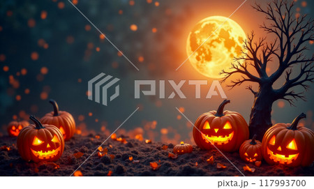 Halloween night scene with glowing jack-o-lanterns, barren tree, full moon, autumn twilight atmosphere, festive spooky landscape, orange pumpkin lights, seasonal celebration backdrop Halloween night scene with glowing jack-o-lanterns, barren tree, full moon, autumn twilight atmosphere, festive spooky landscape, orange pumpkin lights, seasonal celebration backdrop 117993700