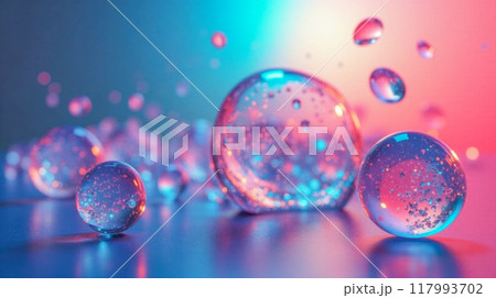 3D Neon Glow Spheres on Gradient Background, Abstract Futuristic Bubbles with Particles, Colorful Bokeh Lights in Surreal Setting, Digital Artwork for Modern Design 117993702
