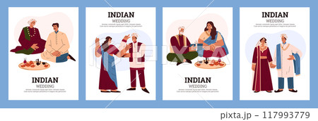 Set of vector posters with Indian wedding characters. Set of vector posters with Indian wedding characters. 117993779