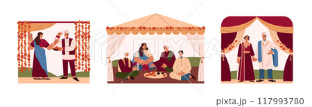 A set of three vector illustrations depicting an Indian wedding ceremony on a white background 117993780