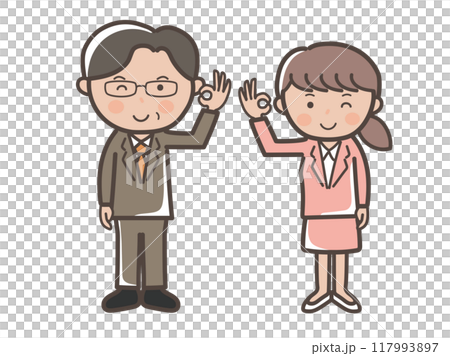 OKサインを出すスーツ姿の男女ビジネスマンの全身イラスト_上司と部下セット OKサインを出すスーツ姿の男女ビジネスマンの全身イラスト_上司と部下セット 117993897