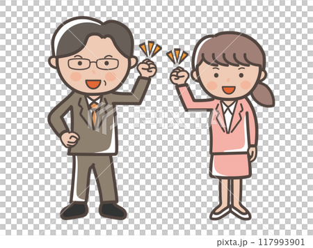 西裝革履的男女商人捶拳炫耀全身插畫_上司與下屬套裝 117993901