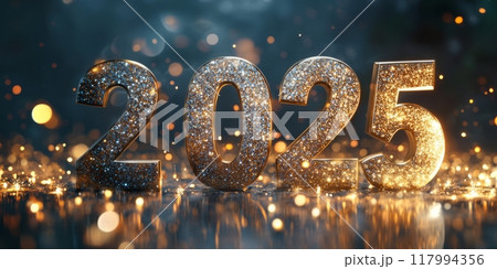 Gold metal numbers 2025 on a black festive background 117994356