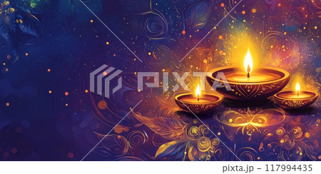 Colorful bokeh banner with traditional oil lamps and flowers 117994435