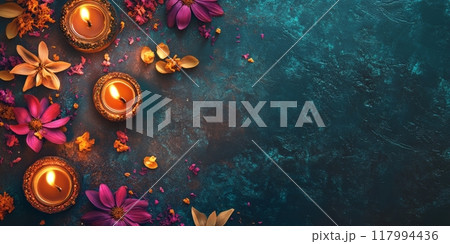 Colorful banner with traditional oil lamps and flowers 117994436