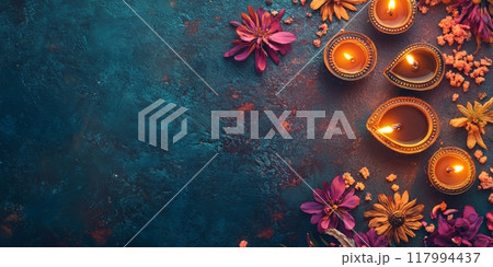 Colorful banner with traditional oil lamps and flowers 117994437