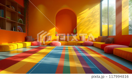 Colorful Playground kindergarten indoor at school for kids play house equipments material in empty room 117994816