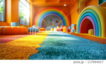Colorful Playground kindergarten indoor at school for kids play house equipments material in empty room 117994817