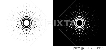 Art sun background. Icon template or logo with halftone dotted lines. Black shape on a white background and the same white shape on the black side. Art sun background. Icon template or logo with halftone dotted lines. Black shape on a white background and the same white shape on the black side. 117994953