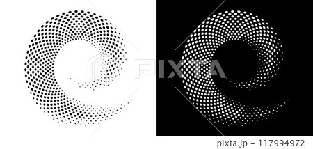 Modern abstract background. Halftone dots in circle form. Spiral logo, design element or icon. Vector dotted frame. A black figure on a white background and an equally white figure on the black side. Modern abstract background. Halftone dots in circle form. Spiral logo, design element or icon. Vector dotted frame. A black figure on a white background and an equally white figure on the black side. 117994972