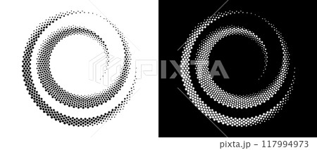 Modern abstract background. Halftone dots in circle form. Spiral logo, design element or icon. Vector dotted frame. A black figure on a white background and an equally white figure on the black side. 117994973