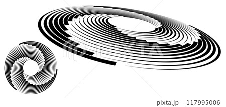 Spiral with black lines as dynamic abstract vector background or logo or icon. Abstract background with lines in circle. Artistic illustration with perspective on white background. Spiral with black lines as dynamic abstract vector background or logo or icon. Abstract background with lines in circle. Artistic illustration with perspective on white background. 117995006
