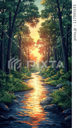 Winding stream flowing through lush forest landscape 117995035
