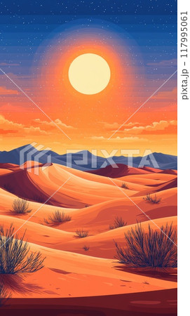 Footprints leading through a desert landscape at sunset 117995061