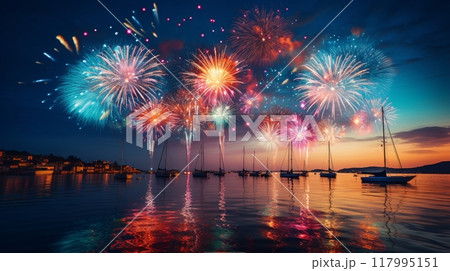 Vibrant fireworks illuminate the night sky, creating a spectacular display of colors 117995151