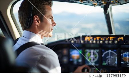 Experienced pilot of international flight in cockpit with vehicle dashboard commands and monitors 117995179
