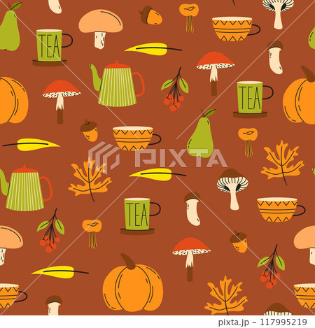 Seamless pattern for fall season. Autumn cozy set with tea cups, leaves and mushrooms. Vector illustration. Seamless pattern for fall season. Autumn cozy set with tea cups, leaves and mushrooms. Vector illustration. 117995219