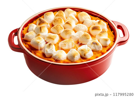 Sweet potato casserole topped with toasted marshmallows in a red dish isolated on white transparent background. Concept of traditional holiday Thanksgiving Day side dishes 117995280