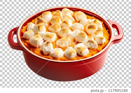 Sweet potato casserole topped with toasted marshmallows in a red dish isolated on white transparent background. Concept of traditional holiday Thanksgiving Day side dishes 117995280