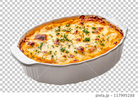 Sweet potato casserole with a crunchy pecan topping in white ceramic dish isolated on white transparent background. Concept of homemade comfort food Thanksgiving Day side dishes 117995288