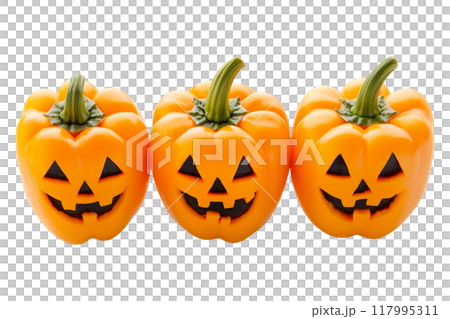 Orange bell peppers carved with jack-o'-lantern faces isolated on a white background, depicting a Halloween theme with a playful twist Orange bell peppers carved with jack-o'-lantern faces isolated on a white background, depicting a Halloween theme with a playful twist 117995311