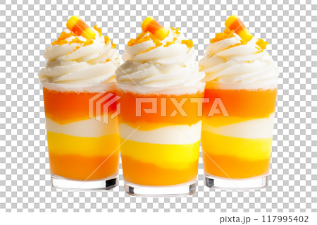 Candy corn parfait desserts topped with whipped cream and candy corn pieces isolated on white transparent background. Concept of festive Halloween treats 117995402