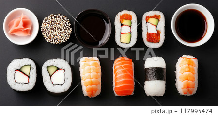 Typical Japanese set of sushi food with copy space. Set of sushi food with copy space. AI-generated item  Typical Japanese set of sushi food with copy space. Set of sushi food with copy space. AI-generated item  117995474