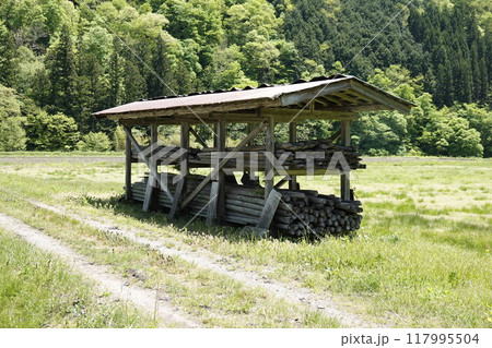 新緑の里山と畑、はざ（稲架）小屋のある風景 117995504