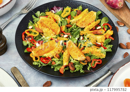 Salad of cactus fruits, peppers and almonds. Salad of cactus fruits, peppers and almonds. 117995782