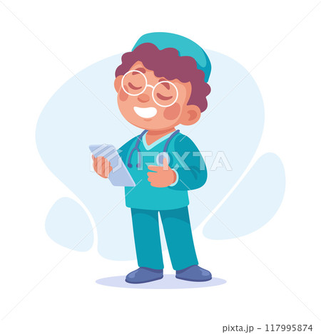 Boy Doctor and Surgeon in Uniform as Child Profession Vector Illustration 117995874